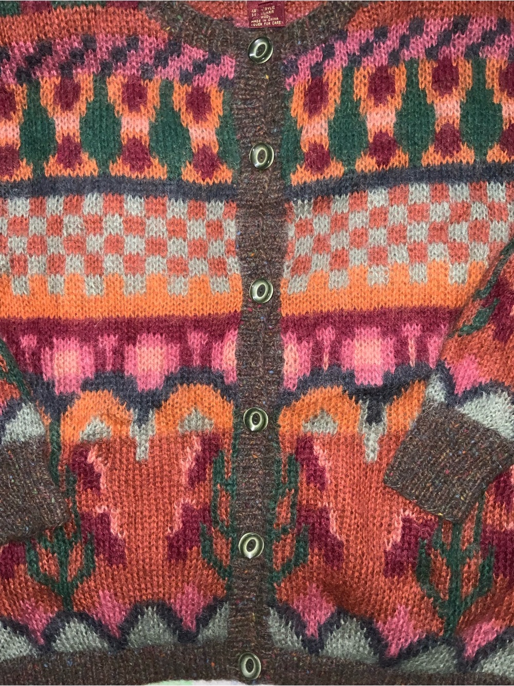 vintage‎ 1990 susan bristol mohair wool hand knit sweater cardigan colour work L - Picture 2 of 9